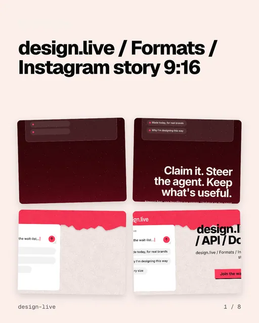 Carousel for design.live: "design.live / Formats / Instagram story 9:16". Collection carousel, 8 slides, light palette.