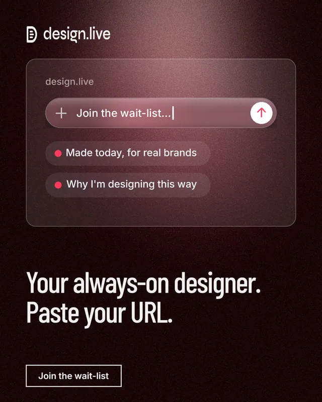 Instagram portrait post for design.live: "Your always-on designer. Paste your URL." Dark deco style, bottom layout, dark palette in black, red, grey.