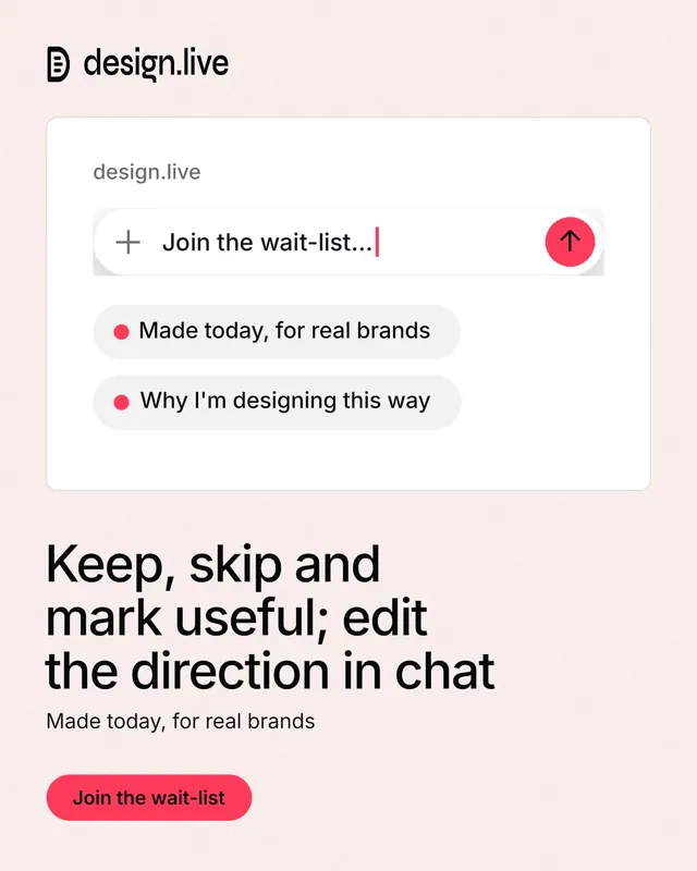 Instagram portrait post for design.live: "Keep, skip and mark useful; edit the direction in chat". Data card style, bottom layout, light palette in white, red.