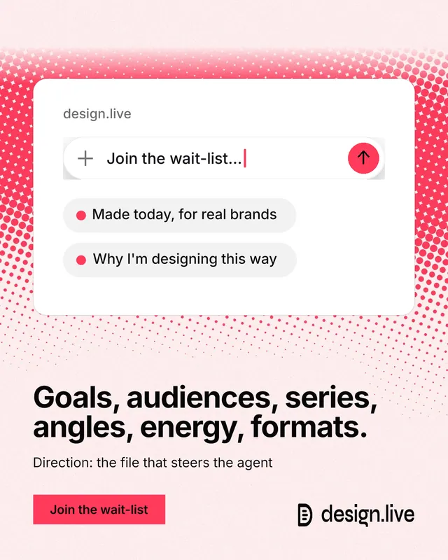 Instagram portrait post for design.live: "Goals, audiences, series, angles, energy, formats." Swiss style, bottom layout, light palette in white, red.
