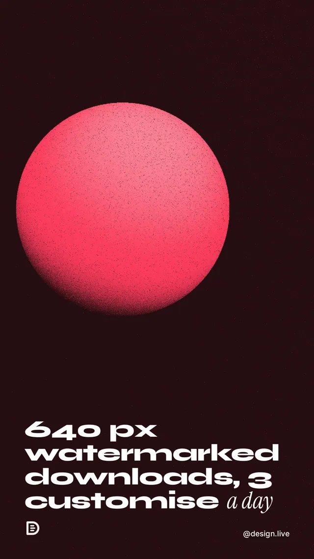 Instagram story for design.live: "640 px watermarked downloads, 3 customise a day". Auto 9x16 style, technique:shader field layout, dark palette in black, red.