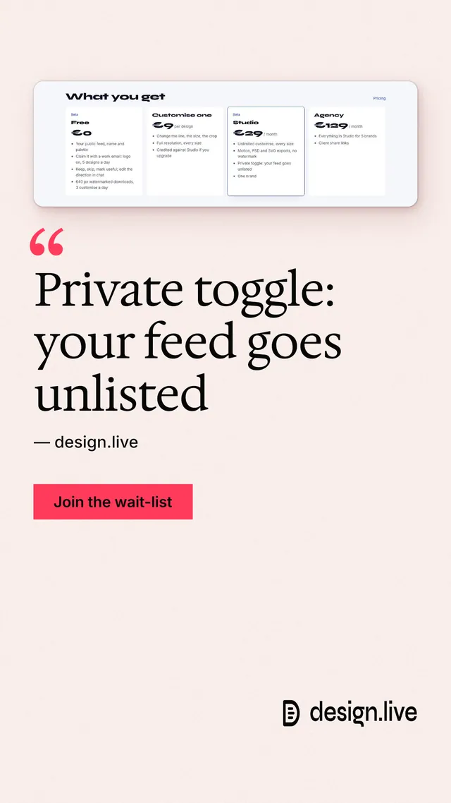 Instagram story for design.live: "Private toggle: your feed goes unlisted". Swiss style, quote layout, light palette in white, red.
