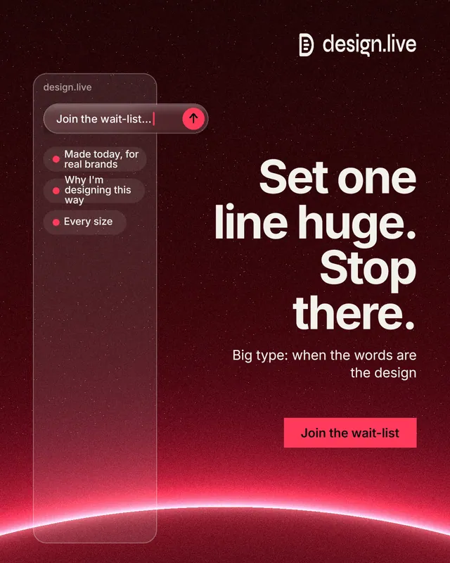 Instagram portrait post for design.live: "Set one line huge. Stop there." Swiss style, right layout, dark palette in black, red.