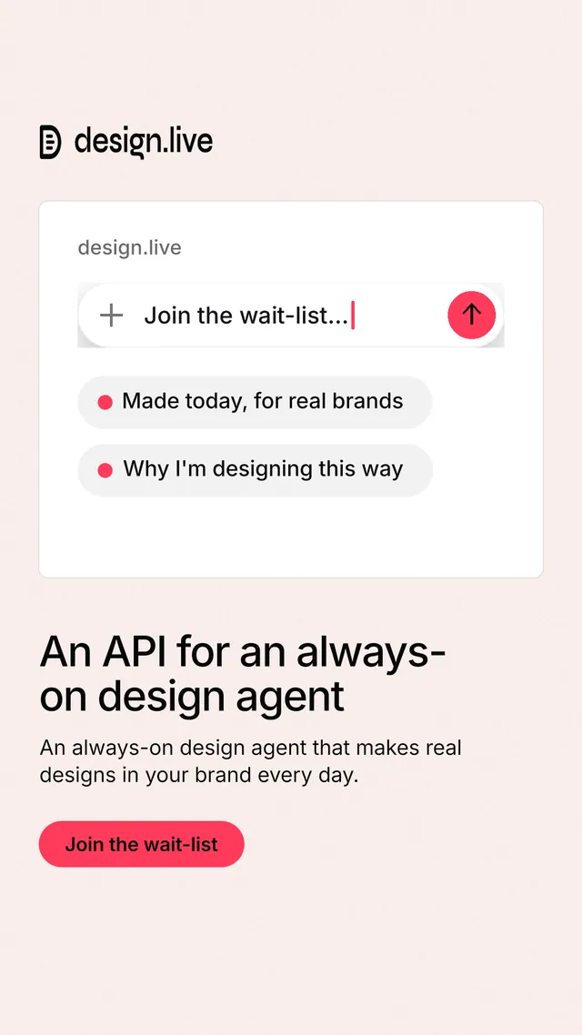 Instagram story for design.live: "An API for an always-on design agent". Data card style, bottom layout, light palette in white, red.