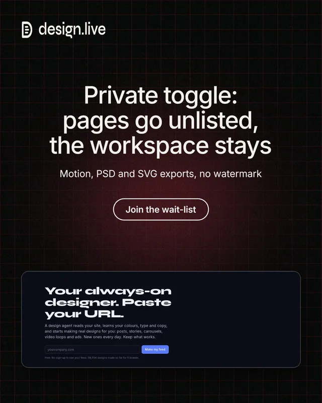 Instagram portrait post for design.live: "Private toggle: pages go unlisted, the workspace stays". Phosphor atlas style, centred layout, dark palette in black, grey.