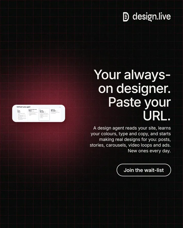 Instagram portrait post for design.live: "Your always-on designer. Paste your URL." Phosphor atlas style, right layout, dark palette in black, grey.
