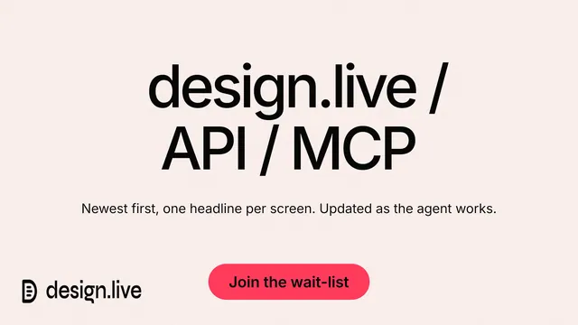 Landscape graphic for design.live: "design.live / API / MCP". Data card style, centred layout, light palette in white, red.