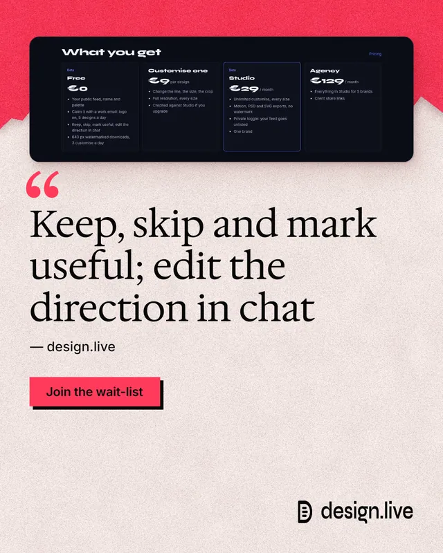 Instagram portrait post for design.live: "Keep, skip and mark useful; edit the direction in chat". Paper trio style, quote layout, light palette in red, orange.