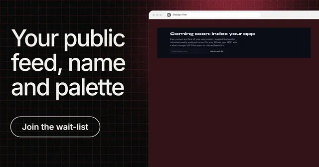 Social ad for design.live: "Your public feed, name and palette". Phosphor atlas style, browser layout, dark palette in red, black, grey.