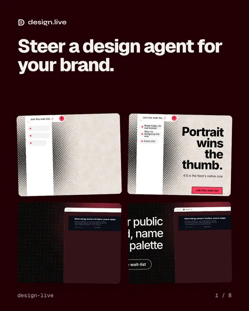 Carousel for design.live: "Steer a design agent for your brand.". Collection carousel, 8 slides, dark palette.