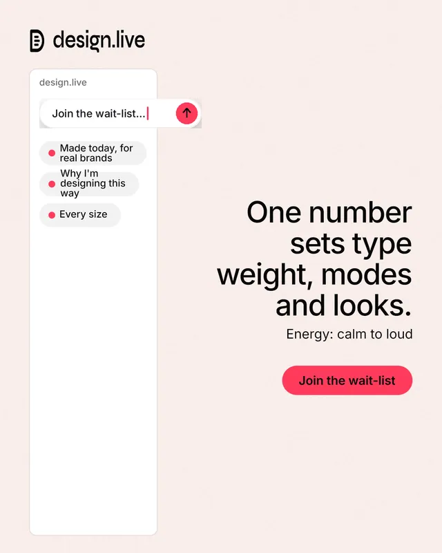 Instagram portrait post for design.live: "One number sets type weight, modes and looks." Data card style, right layout, light palette in white, red.