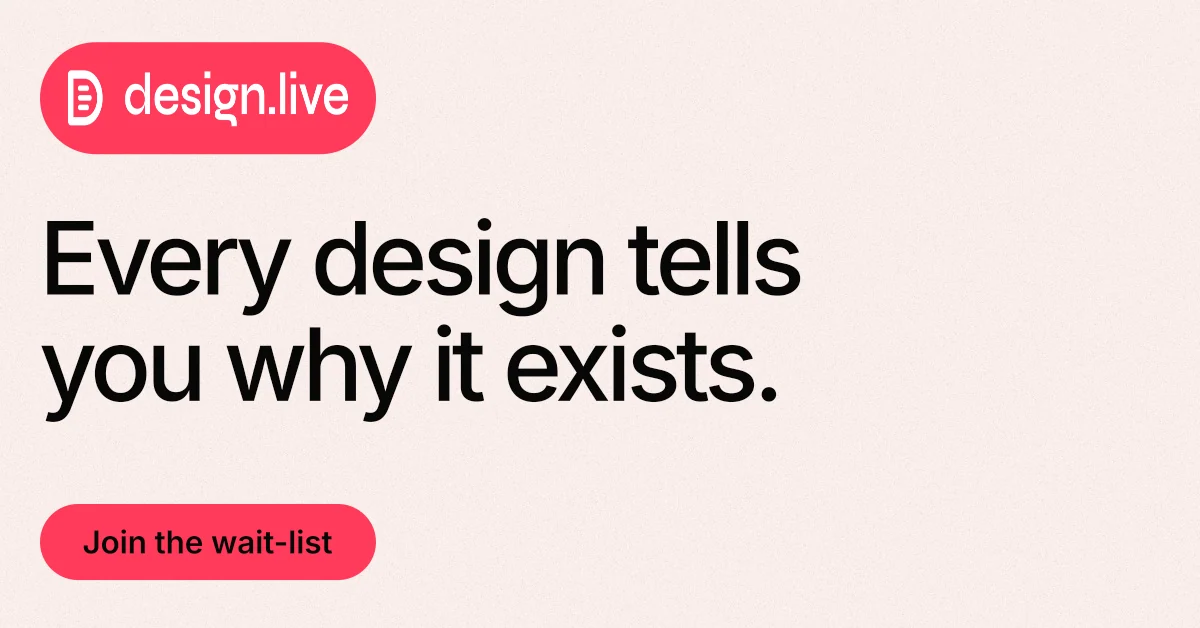 Social ad for design.live: "Every design tells you why it exists." Data card style, announce layout, light palette in white, red.