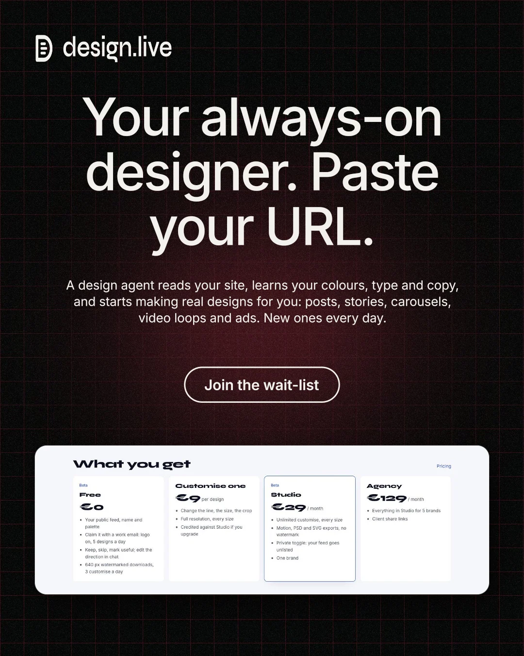 Instagram portrait post for design.live: "Your always-on designer. Paste your URL." Phosphor atlas style, centred layout, dark palette in black, white, red.