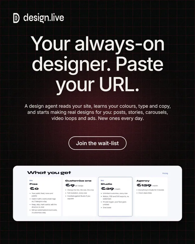 Instagram portrait post for design.live: "Your always-on designer. Paste your URL." Phosphor atlas style, centred layout, dark palette in black, white, red.