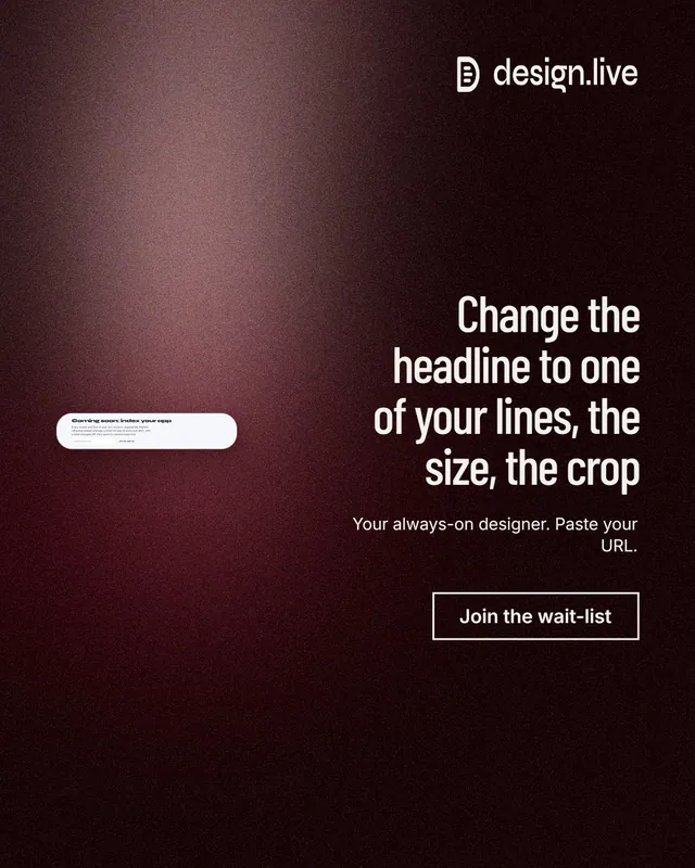 Instagram portrait post for design.live: "Change the headline to one of your lines, the size, the crop". Dark deco style, right layout, dark palette in red, black, grey.