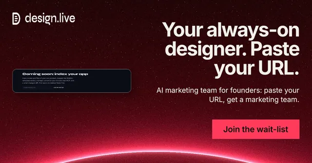 Social ad for design.live: "Your always-on designer. Paste your URL." Swiss style, right layout, dark palette in black, red.