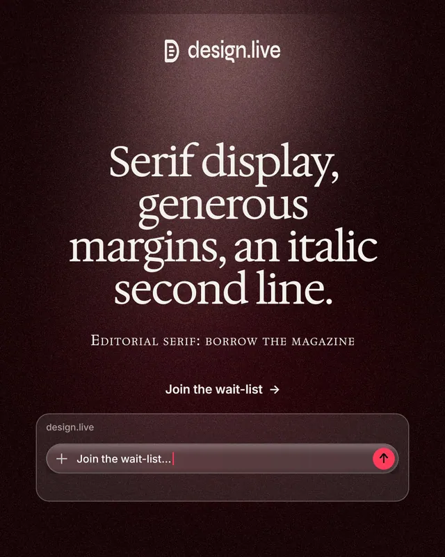 Instagram portrait post for design.live: "Serif display, generous margins, an italic second line." Dark deco style, smallcaps layout, dark palette in red, black, grey.