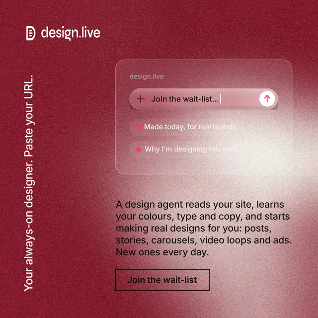 Instagram post for design.live: "Your always-on designer. Paste your URL." Cyanotype style, vertical layout, dark palette in red.