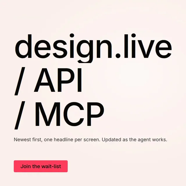 Video for design.live: "design.live / API / MCP". Doc motion loop, 7.0 s, light palette.