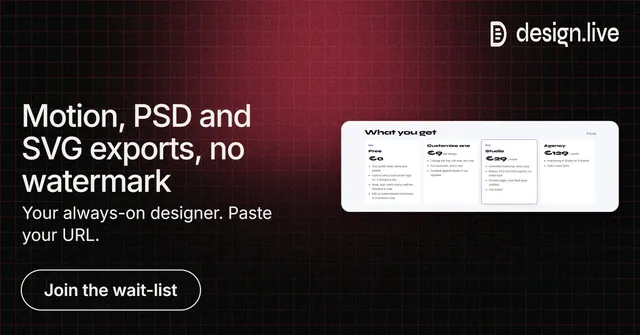Social ad for design.live: "Motion, PSD and SVG exports, no watermark". Phosphor atlas style, bottom layout, dark palette in red, black, grey.