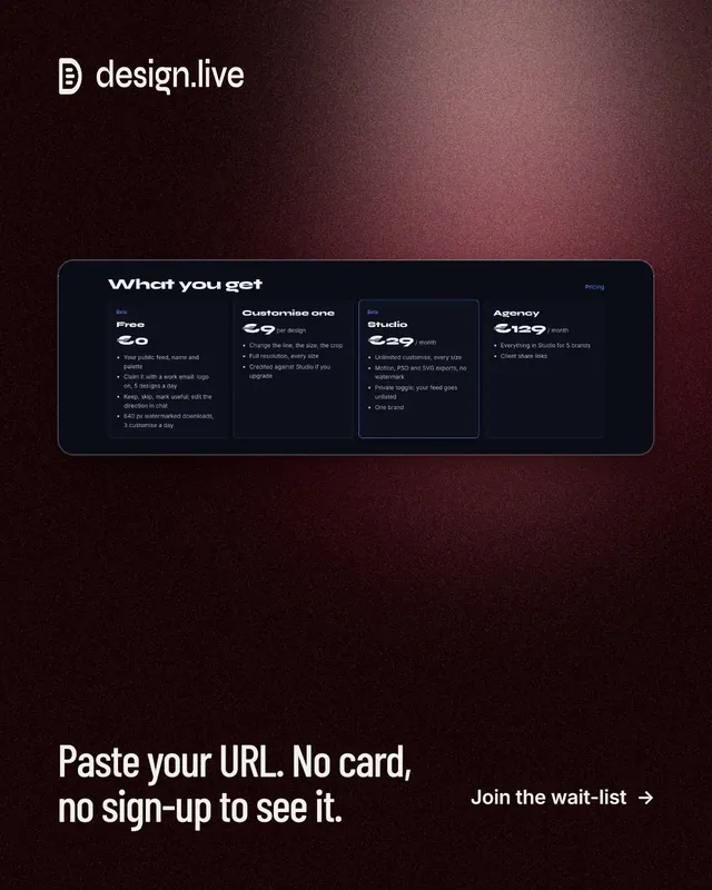 Instagram portrait post for design.live: "Paste your URL. No card, no sign-up to see it." Dark deco style, image led layout, dark palette in black, red.
