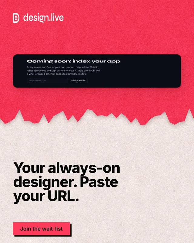Instagram portrait post for design.live: "Your always-on designer. Paste your URL." Paper trio style, bottom layout, light palette in orange, red.