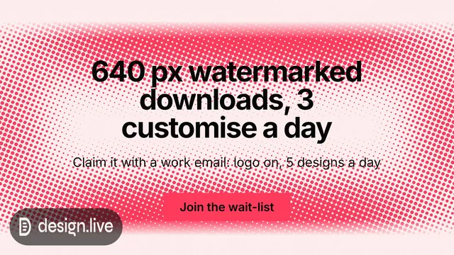 Landscape graphic for design.live: "640 px watermarked downloads, 3 customise a day". Swiss style, centred layout, light palette in red, white.