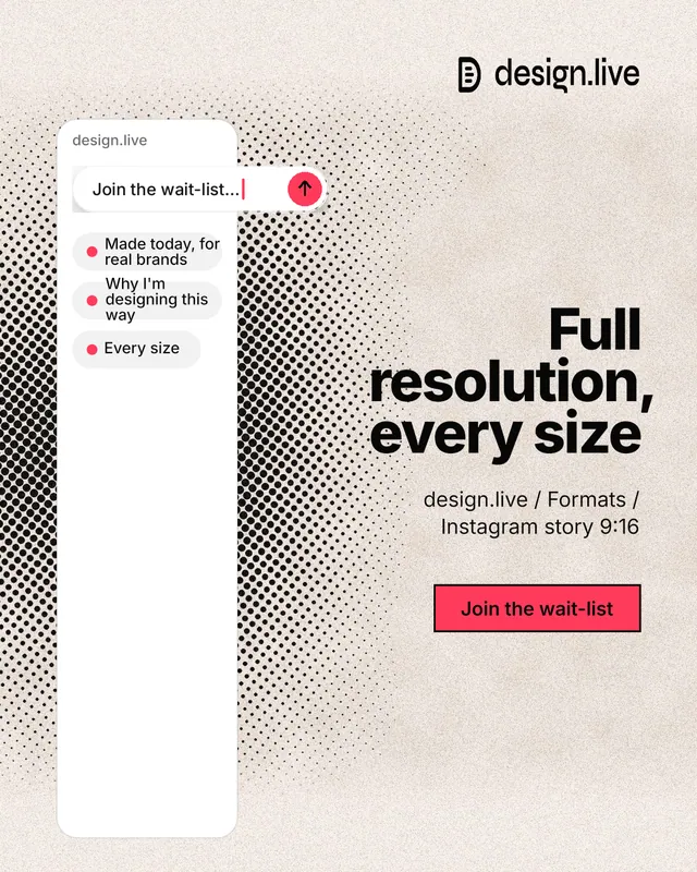 Instagram portrait post for design.live: "Full resolution, every size". Ink sticker style, right layout, light palette in orange, white, grey.