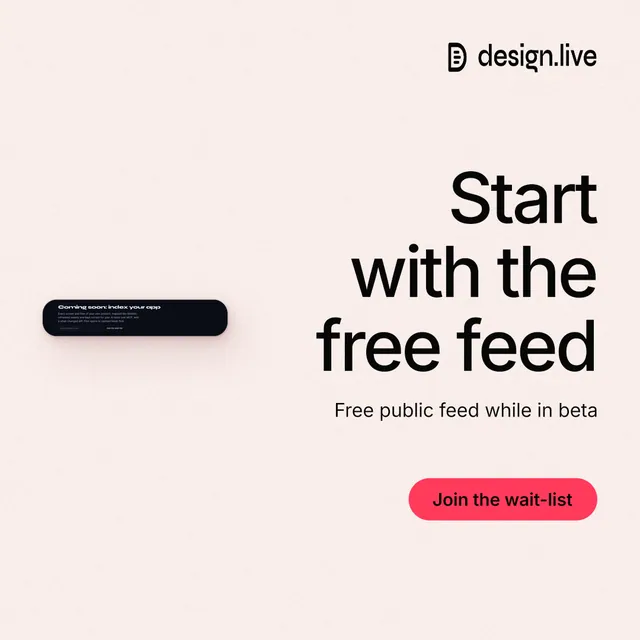 Instagram post for design.live: "Start with the free feed". Data card style, right layout, light palette in white, red.
