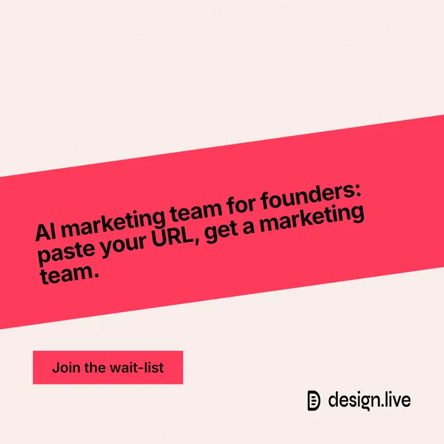 Instagram post for design.live: "AI marketing team for founders: paste your URL, get a marketing team." Swiss style, diagonal layout, light palette in white, red.