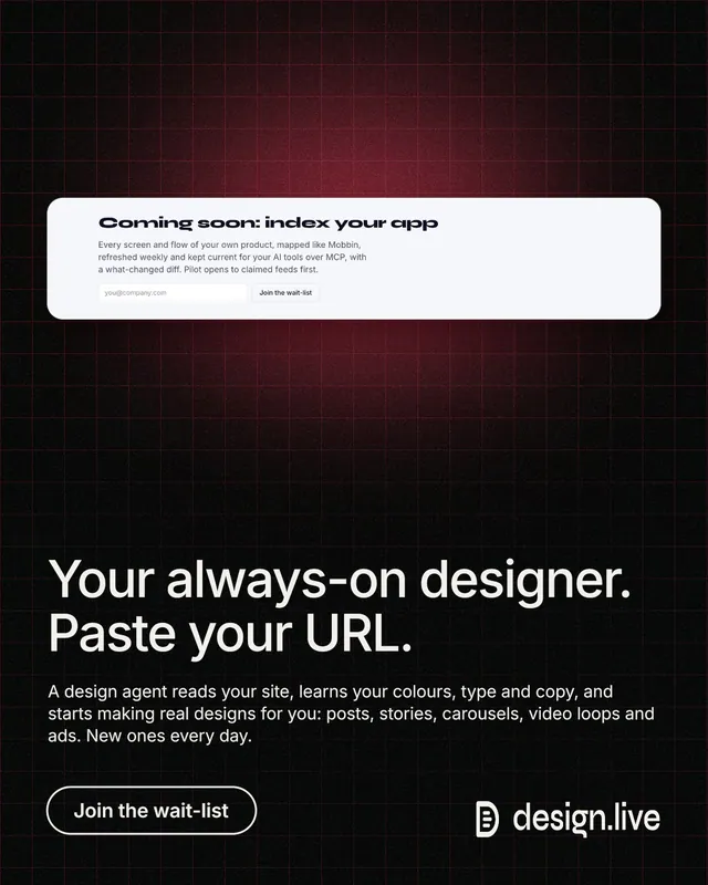 Instagram portrait post for design.live: "Your always-on designer. Paste your URL." Phosphor atlas style, bottom layout, dark palette in red, black, grey.