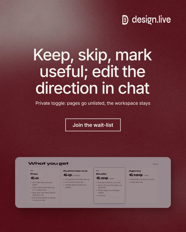 Instagram portrait post for design.live: "Keep, skip, mark useful; edit the direction in chat". Cyanotype style, centred layout, dark palette in red, grey.