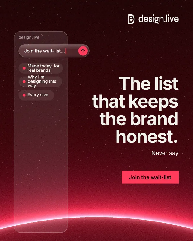Instagram portrait post for design.live: "The list that keeps the brand honest." Swiss style, right layout, dark palette in red, black.