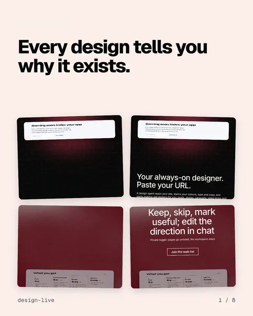 Carousel for design.live: "Every design tells you why it exists.". Collection carousel, 8 slides, light palette.
