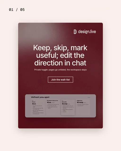 Video for design.live. Ad flipbook, 7.5 s, light palette.