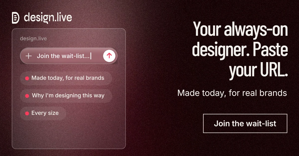 Social ad for design.live: "Your always-on designer. Paste your URL." Dark deco style, right layout, dark palette in black, red, grey.