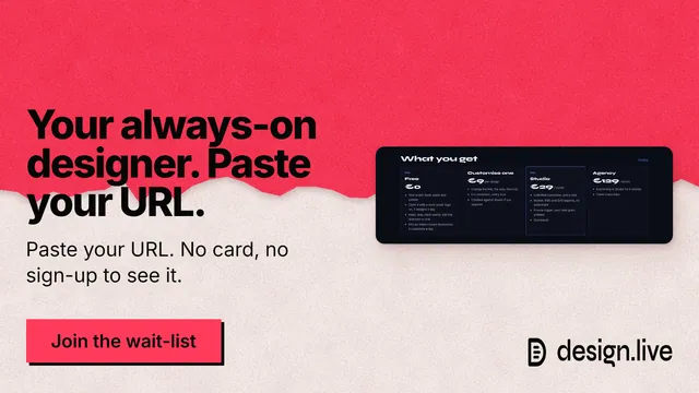 Landscape graphic for design.live: "Your always-on designer. Paste your URL." Paper trio style, bottom layout, light palette in orange, red.