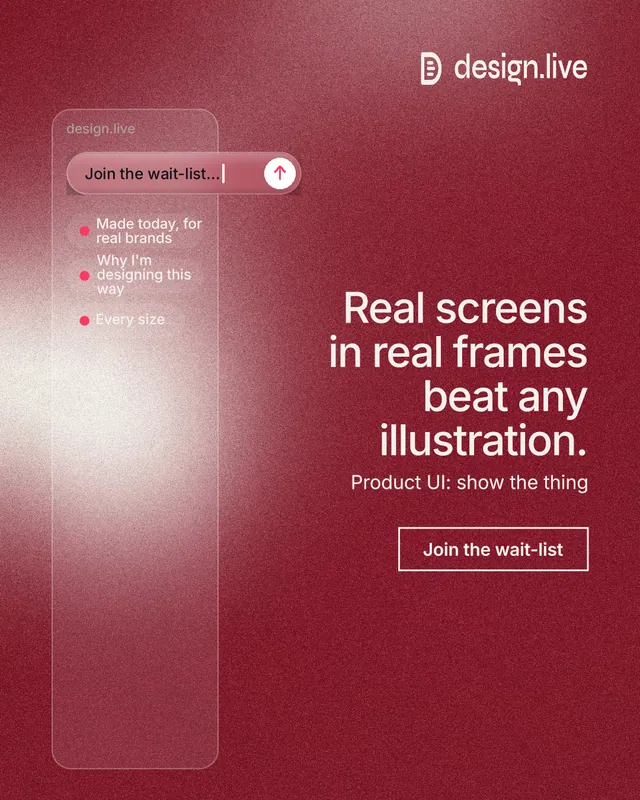 Instagram portrait post for design.live: "Real screens in real frames beat any illustration." Cyanotype style, right layout, dark palette in red.