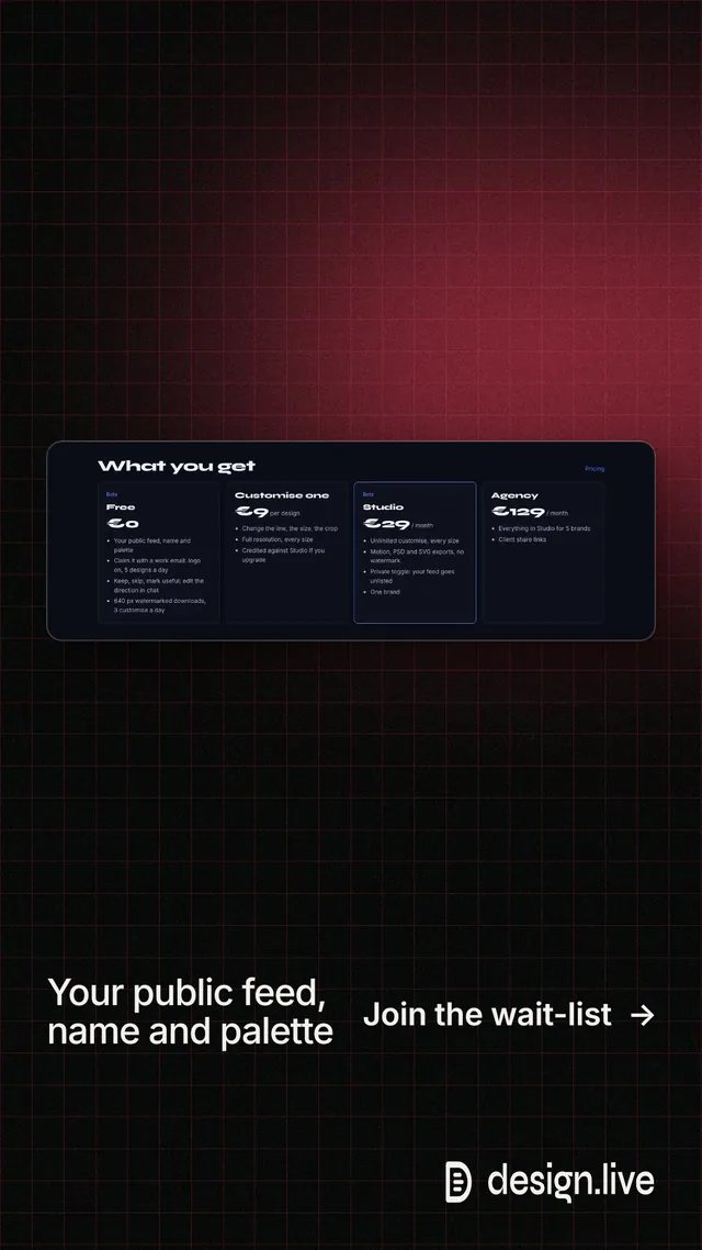 Instagram story for design.live: "Your public feed, name and palette". Phosphor atlas style, image led layout, dark palette in black, red.
