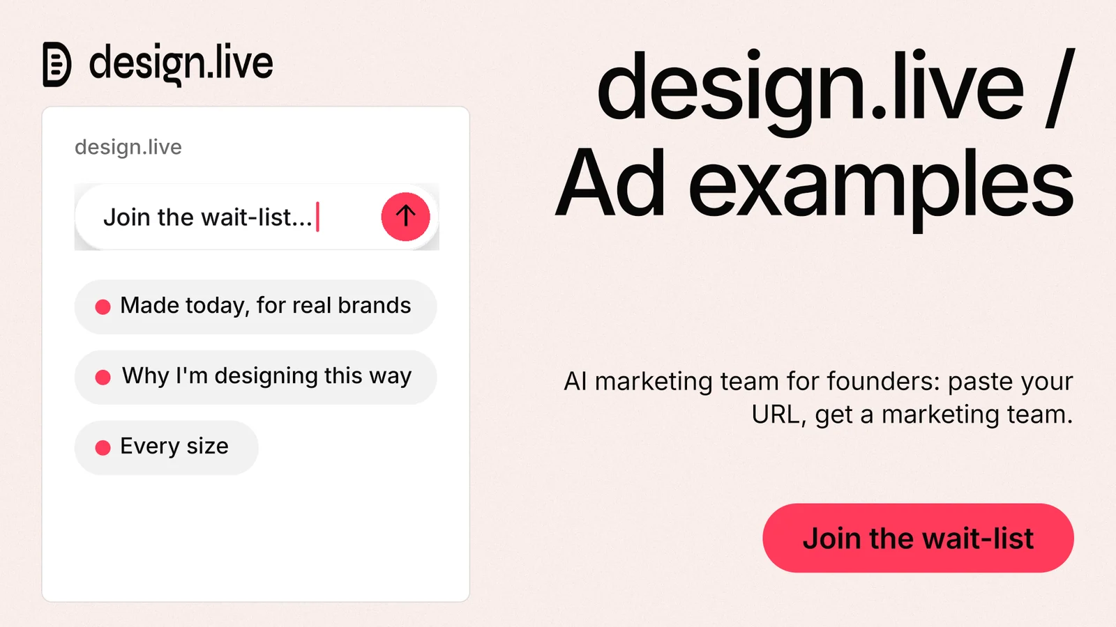 Landscape graphic for design.live: "design.live / Ad examples". Data card style, right layout, light palette in white, red.