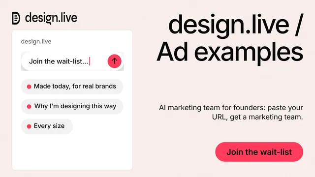 Landscape graphic for design.live: "design.live / Ad examples". Data card style, right layout, light palette in white, red.