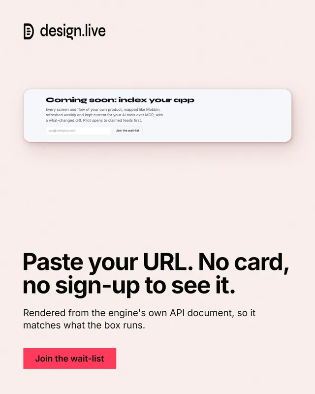 Instagram portrait post for design.live: "Paste your URL. No card, no sign-up to see it." Swiss style, bottom layout, light palette in white, red.