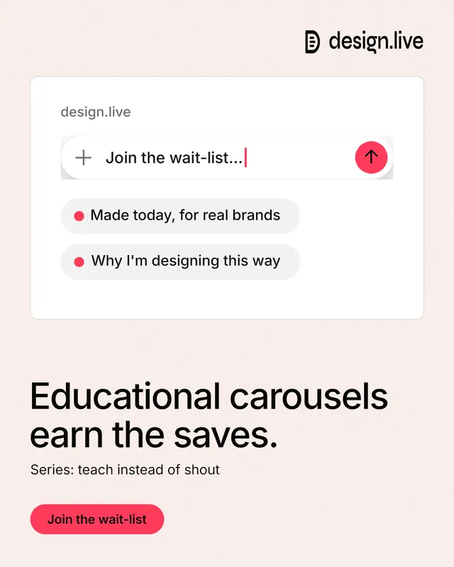 Instagram portrait post for design.live: "Educational carousels earn the saves." Data card style, bottom layout, light palette in white, red.