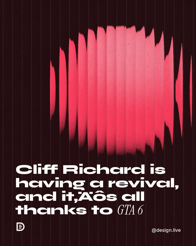 Instagram portrait post for design.live: "Cliff Richard is having a revival, and it‚Äôs all thanks to GTA 6". Auto 4x5 style, technique:shader field layout, dark palette in red, black.