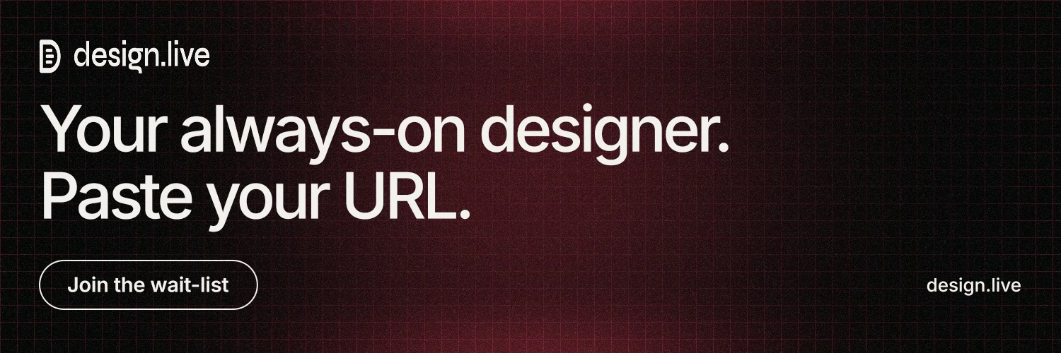 X header for design.live: "Your always-on designer. Paste your URL." Phosphor atlas style, poster layout, dark palette in black, red, grey.