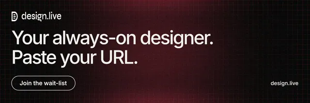 X header for design.live: "Your always-on designer. Paste your URL." Phosphor atlas style, poster layout, dark palette in black, red, grey.