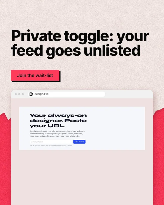 Instagram portrait post for design.live: "Private toggle: your feed goes unlisted". Paper trio style, browser layout, light palette in red, orange, white.