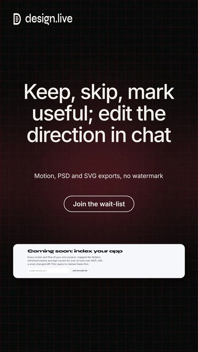 Instagram story for design.live: "Keep, skip, mark useful; edit the direction in chat". Phosphor atlas style, centred layout, dark palette in black, grey.