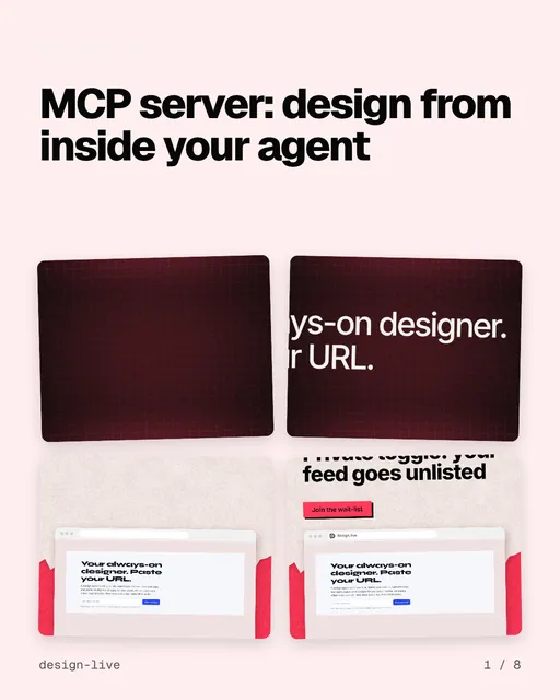 Carousel for design.live: "MCP server: design from inside your agent". Collection carousel, 8 slides, light palette.