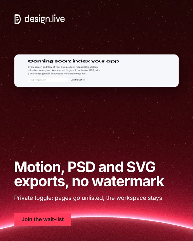 Instagram portrait post for design.live: "Motion, PSD and SVG exports, no watermark". Swiss style, bottom layout, dark palette in red, black, white.